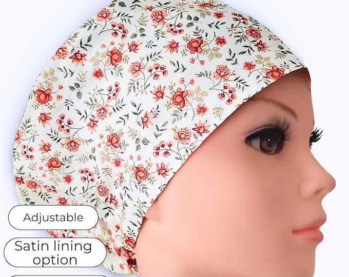 Euro Surgical Cap: Coral Floral Satin Lining Option, Personalizable