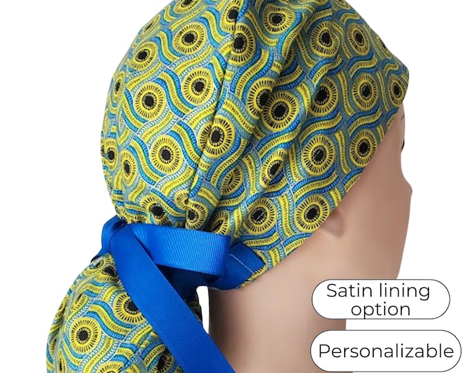 Ponytail Scrub Cap for Women - African Sunset - Surgical Cap Satin Lined Option - Snake Circle Patterns with metallic - FifthCraftyStreet