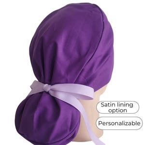 Nurse Scrub Cap Ponytail Style with Satin Lining and Personalization: Solid Purple