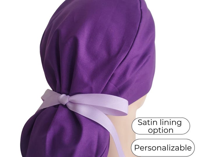 Purple Ponytail Scrub Cap for Women - Surgical Cap with Satin Lined Option - FifthCraftyStreet