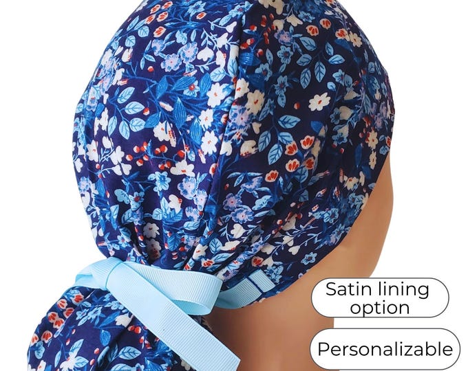 Floral Navy Blue  Ponytail Scrub Cap for Women Satin Lined option Surgical Hat
