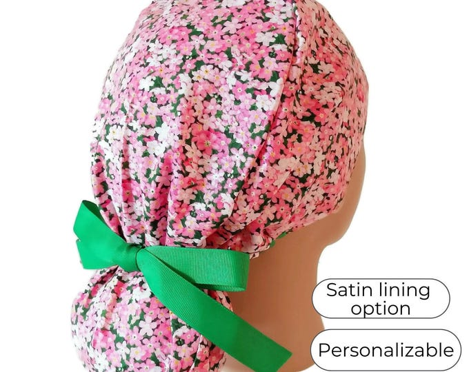 Satin Lined Scrub Cap Ponytail style - Floral Surgical Cap for Women