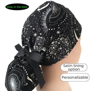Galaxy Ponytail Surgical Cap, Moon Glow-in-the-Dark Satin Lining option