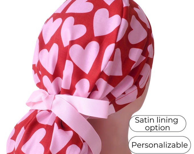 Heart Ponytail Scrub Cap: Valentine Print with Satin Lining Option
