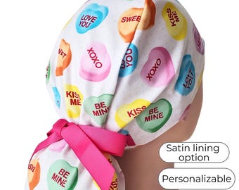 Candy Heart Ponytail Scrub Cap with Satin Lining, Personalized option