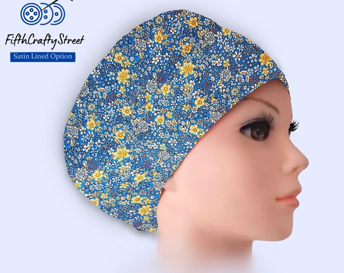 Euro Scrub Cap - Floral print- Adjustable - Satin Lined option - FifthCraftyStreet