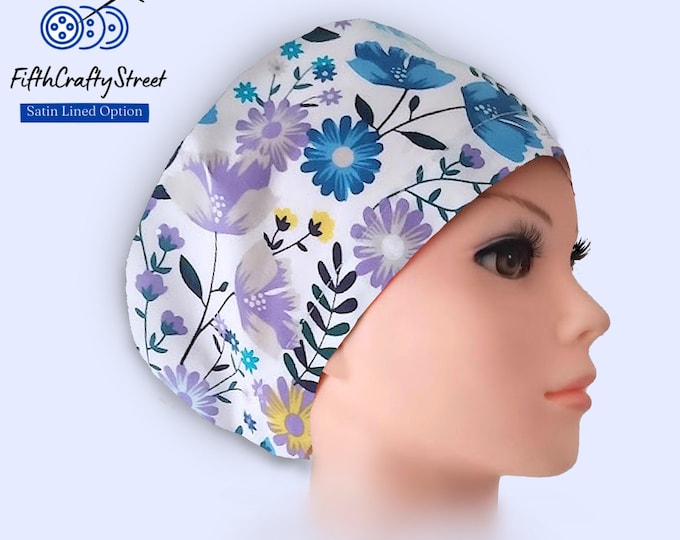 Euro Scrub Cap - Floral - Adjustable - Satin Lining option
