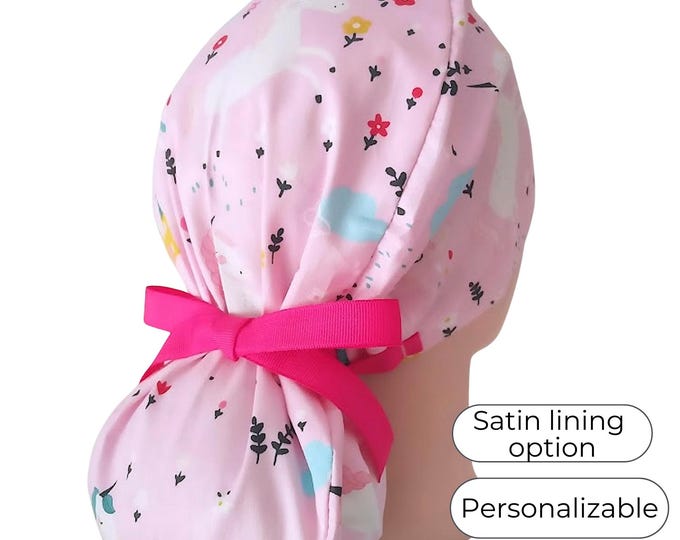Unicorn Ponytail Scrub Cap for Women - Satin Lined Option Surgical Cap - FifthCraftyStreet