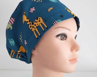 Giraffe Euro Scrub Cap: Satin Lined Adjustable Cotton Surgical Hat