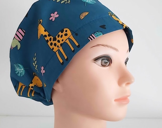 Euro Scrub Cap for Women - Giraffe - Adjustable - Satin Lined Scrub Cap - FifthCraftyStreet