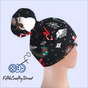 High Bun Scrub Cap, Stretchy Knit Hats, Christmas Snowman -
