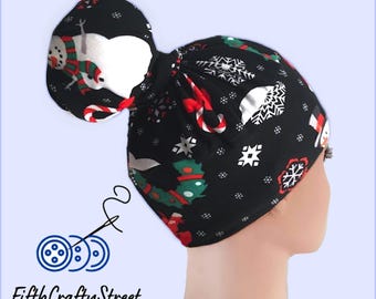 High Bun Scrub Cap, Stretchy Knit Hats, Christmas Snowman - FifthCraftyStreet