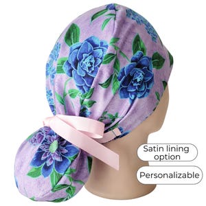 Purple Garden - Bonnet de gommage queue de cheval pour femme - Bonnet de chirurgie doublé de satin -