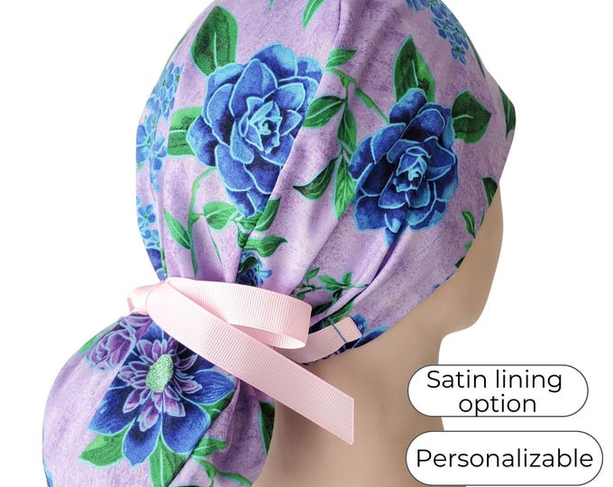 Purple Garden  - Ponytail Scrub Cap for Women - Surgical Cap Satin Lined Option - FifthCraftyStreet