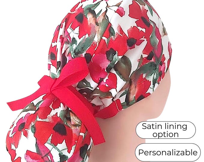 Satin Lined Option Scrub Caps for Women with Ponytail Holder -