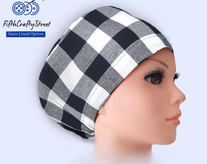 Euro Scrub Cap for Women - Buffalo plaid flannel - Adjustable - Satin Lining option - FifthCraftyStreet
