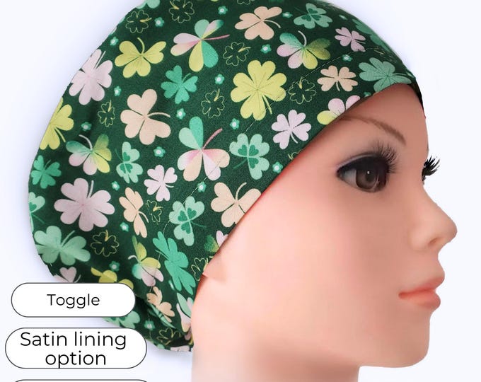 Euro Style Scrub Cap, Green Clover – Adjustable, Satin Lining Option, Personalizable, Toggle Back
