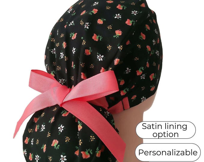 Coral Flower Surgical Cap with Silky Satin Lining option -