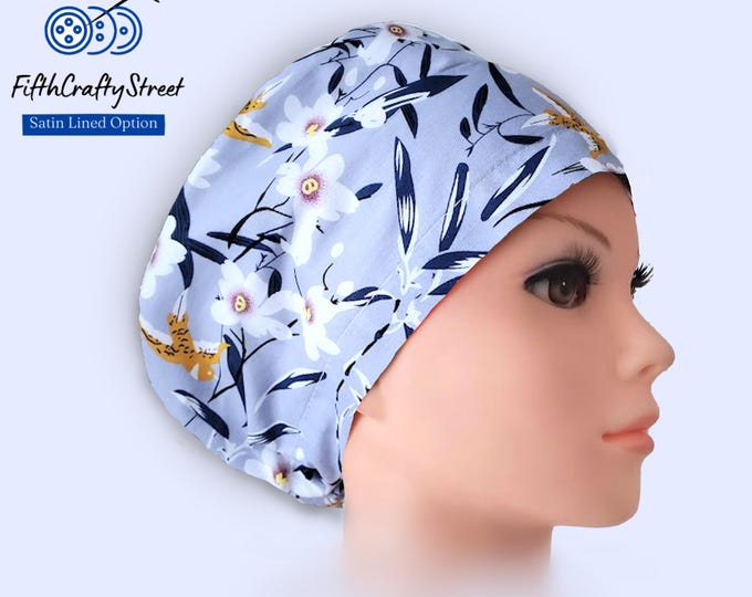 Euro Scrub Caps - Adjustable - Satin Lined option - Gray Floral - FifthCraftyStreet