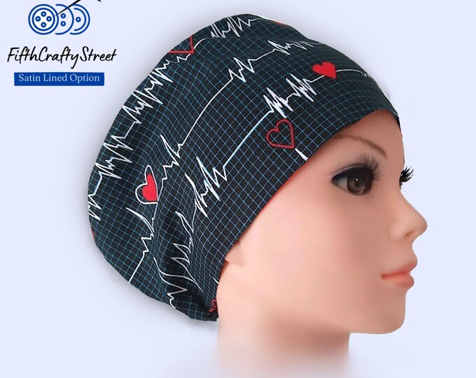 Euro Scrub Caps - Adjustable - Satin Lining option - Heartbeat navy - FifthCraftyStreet