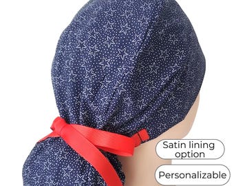 Patriotic - Surgical Cap - 4th of July - Satin Lining option - White Stars on Navy -