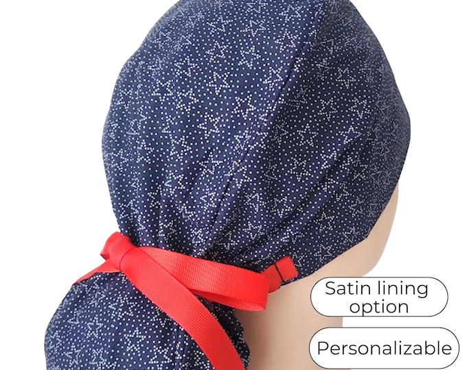 Patriotic - Surgical Cap - 4th of July - Satin Lining option - White Stars on Navy - FifthCraftyStreet