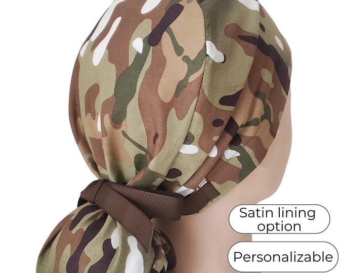 Camo Ponytail Scrub Cap for Women: Satin and Personalization Option