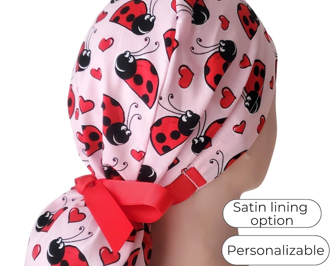 Ladybug Ponytail Scrub Cap Satin Lined Surgical Hat