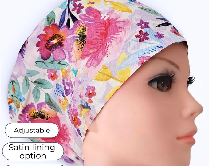 Floral Euro Surgical Scrub Cap for Women: Pink Garden, Adjustable, Satin Lining Option, Personalized