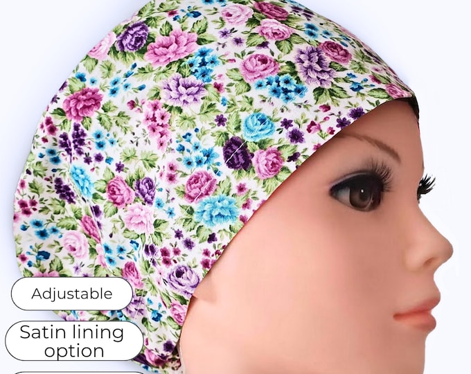 Roses Euro Scrub Cap for Nurses – Adjustable | Optional Satin Lining | Personalizable