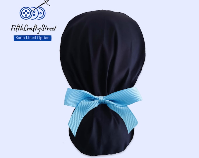Navy Solid Ponytail Scrub Cap for Women - Surgical Cap with Satin Lined option - FifthCraftyStreet