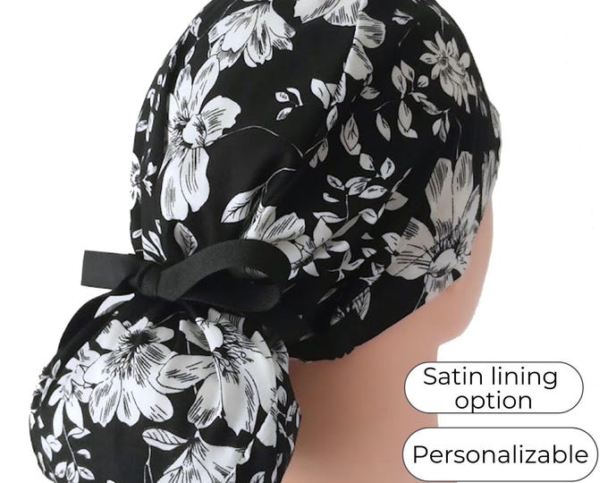 Floral Ponytail Scrub Cap for Women - Surgical Cap with Ponytail Holder - Satin Lining Option - FifthCraftyStreet