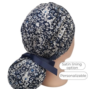 Navy Ponytail Scrub Cap for Women - Floral Surgical Cap with Ponytail Holder -