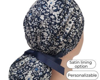 Navy Floral Ponytail Scrub Cap: Cotton Surgical Hat with Satin Lining