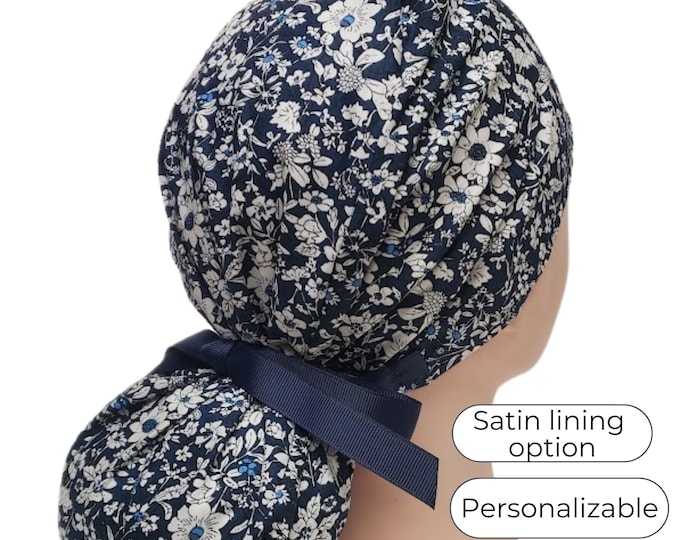 Navy Ponytail Scrub Cap for Women - Floral Surgical Cap with Ponytail Holder - FifthCraftyStreet