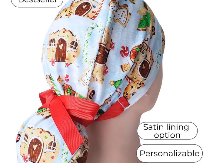 Gingerbread Ponytail Scrub Cap Satin Lined Christmas Nurse Hat