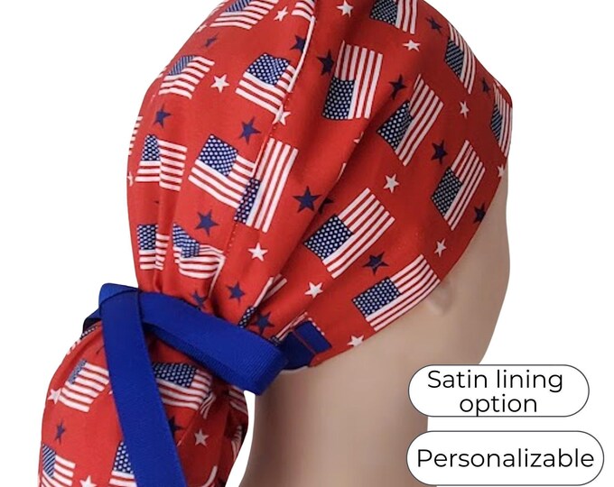 Patriotic - Surgical Cap - 4th of July - Satin Lining option - American Flag on Red -