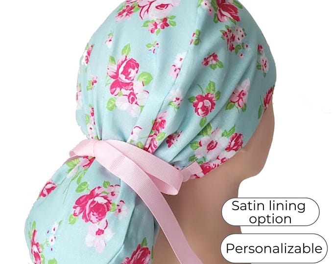 Ponytail Scrub Cap for Women - Surgical Cap - Silky Satin Lining Option - Floral -