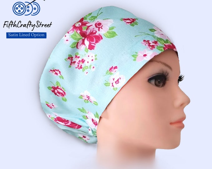 Euro Scrub Caps - Satin Lined option - Adjustable - Floral - FifthCraftyStreet