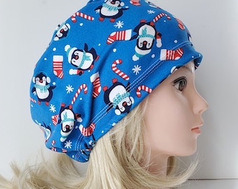 stretchy scrub cup, surgical euro hat, Blue Penguin Christmas - FifthCraftyStreet