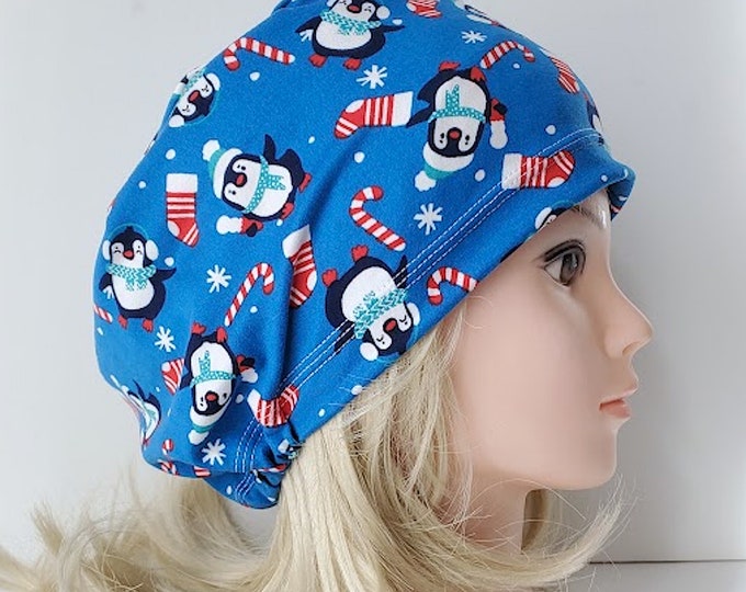 stretchy scrub cup, surgical euro hat, Blue Penguin Christmas - FifthCraftyStreet