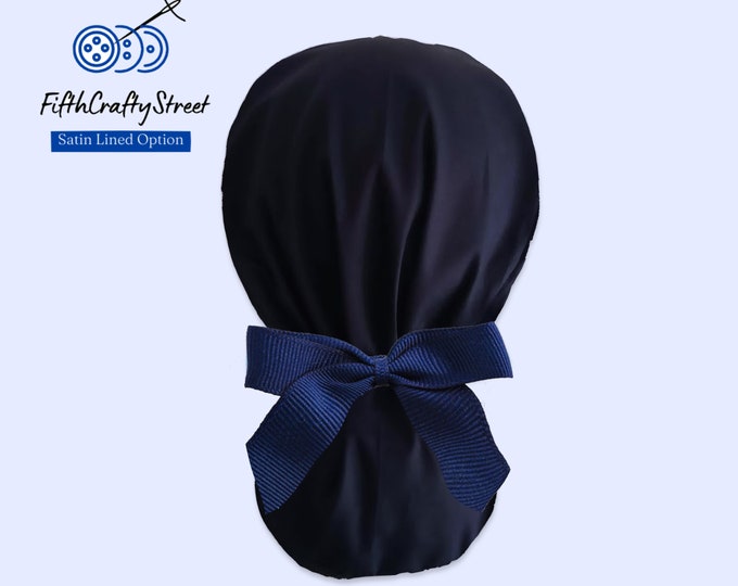 Navy Ponytail Scrub Cap for Women - Surgical Cap with Satin Lined Option - FifthCraftyStreet