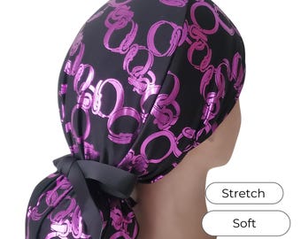 Stretchy Ponytail Scrub Cap Metallic Foil Purple Chain : Adjustable