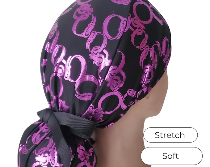 Stretchy Ponytail Scrub Cap Metallic Foil Purple Chain : Adjustable