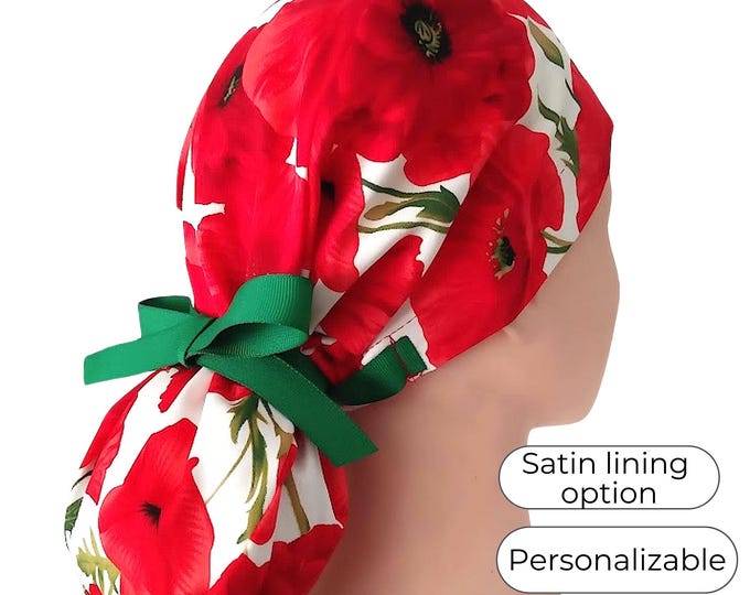 Poppy Ponytail Scrub Cap - Floral Surgical Cap with Ponytail Holder Satin Lined Option - FifthCraftyStreet