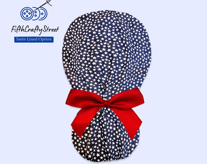 Patriotic - 4th July - Women’s Scrub Caps  - Satin Lining option - White Stars on Navy - FifthCraftyStreet