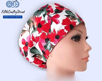 Euro Scrub Caps - Adjustable - Satin Lining option - Floral Watercolor - FifthCraftyStreet