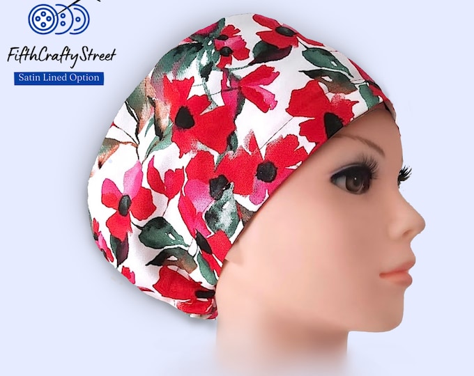 Euro Scrub Caps - Adjustable - Satin Lining option - Floral Watercolor - FifthCraftyStreet