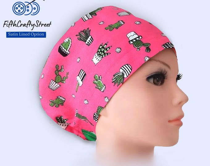 Euro Scrub Caps - Adjustable - Satin Lining option - Cactus -