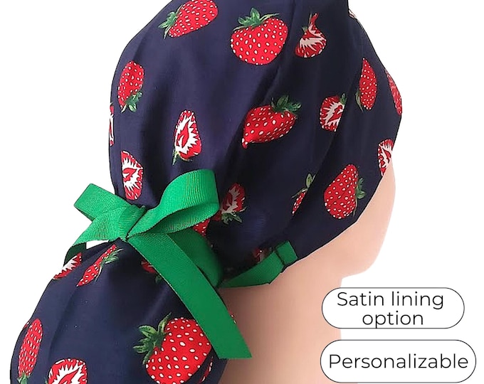 Strawberry Ponytail Scrub Cap - Floral Surgical Cap Satin Lined Option - FifthCraftyStreet
